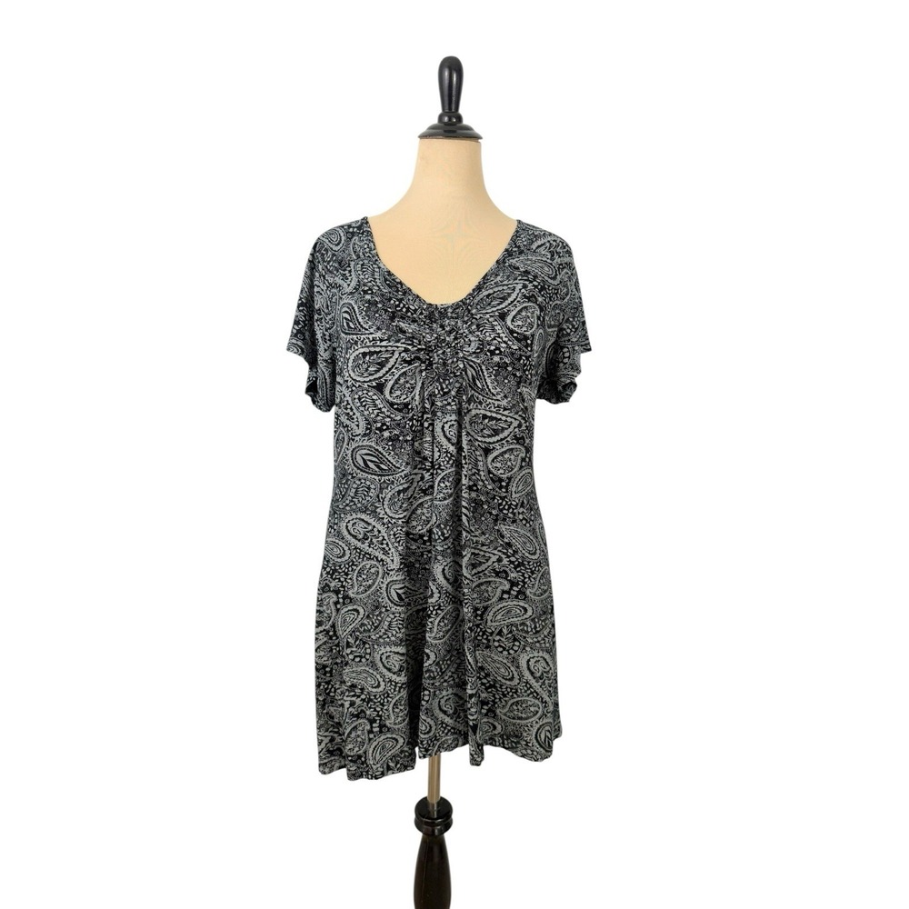 FRESH PRODUCE Knit Paisley Print DRESS 1X Gray Black Short Sleeve Summer Casual